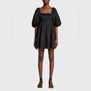 Zimmerman Mae  Cut Out Linen Puff Sleeve Mini Dress Black Scalloped NWOT SZ 6